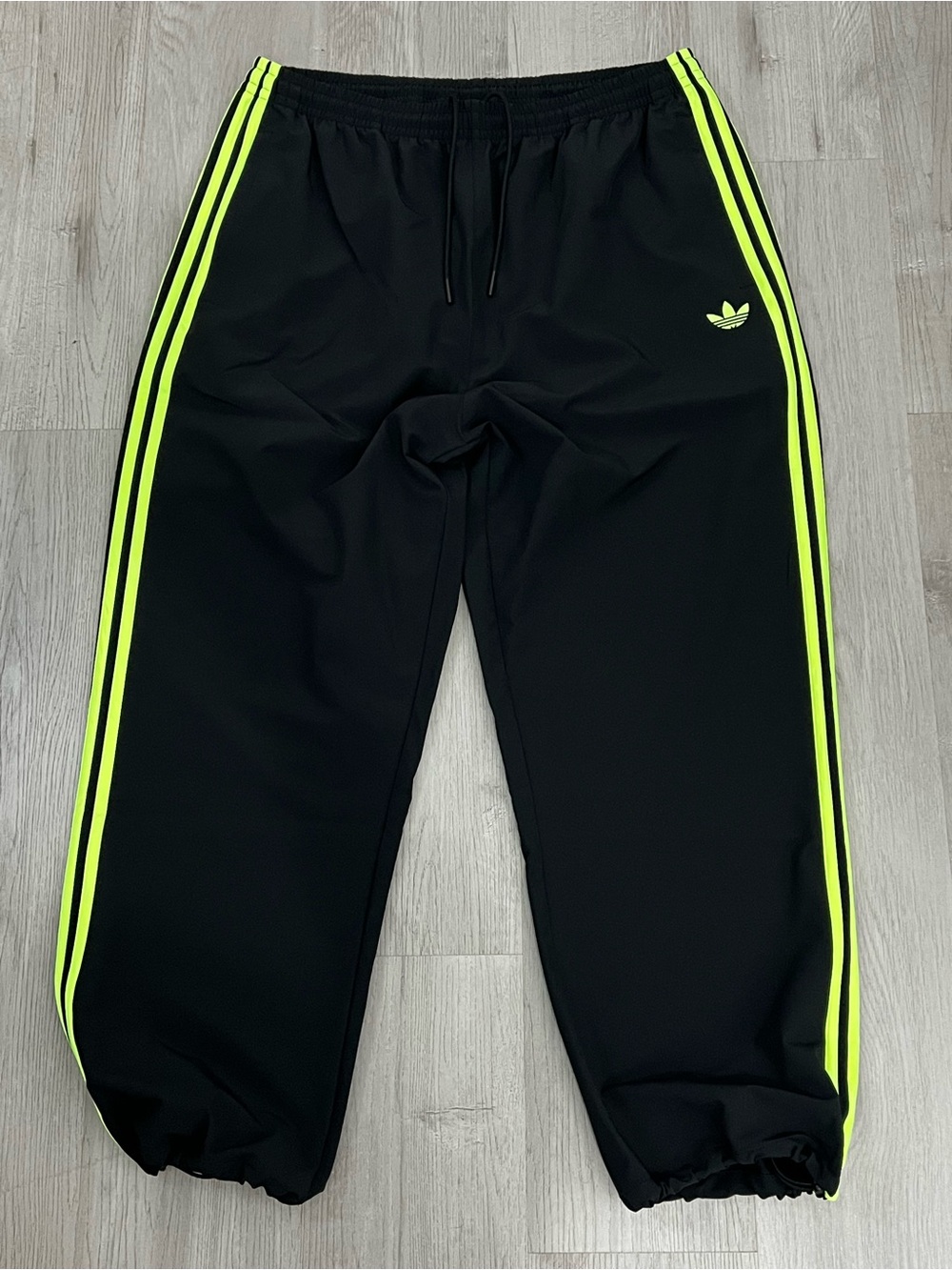 Adidas Men’s Black Track Pants with Neon Green Stripes Size L NWT